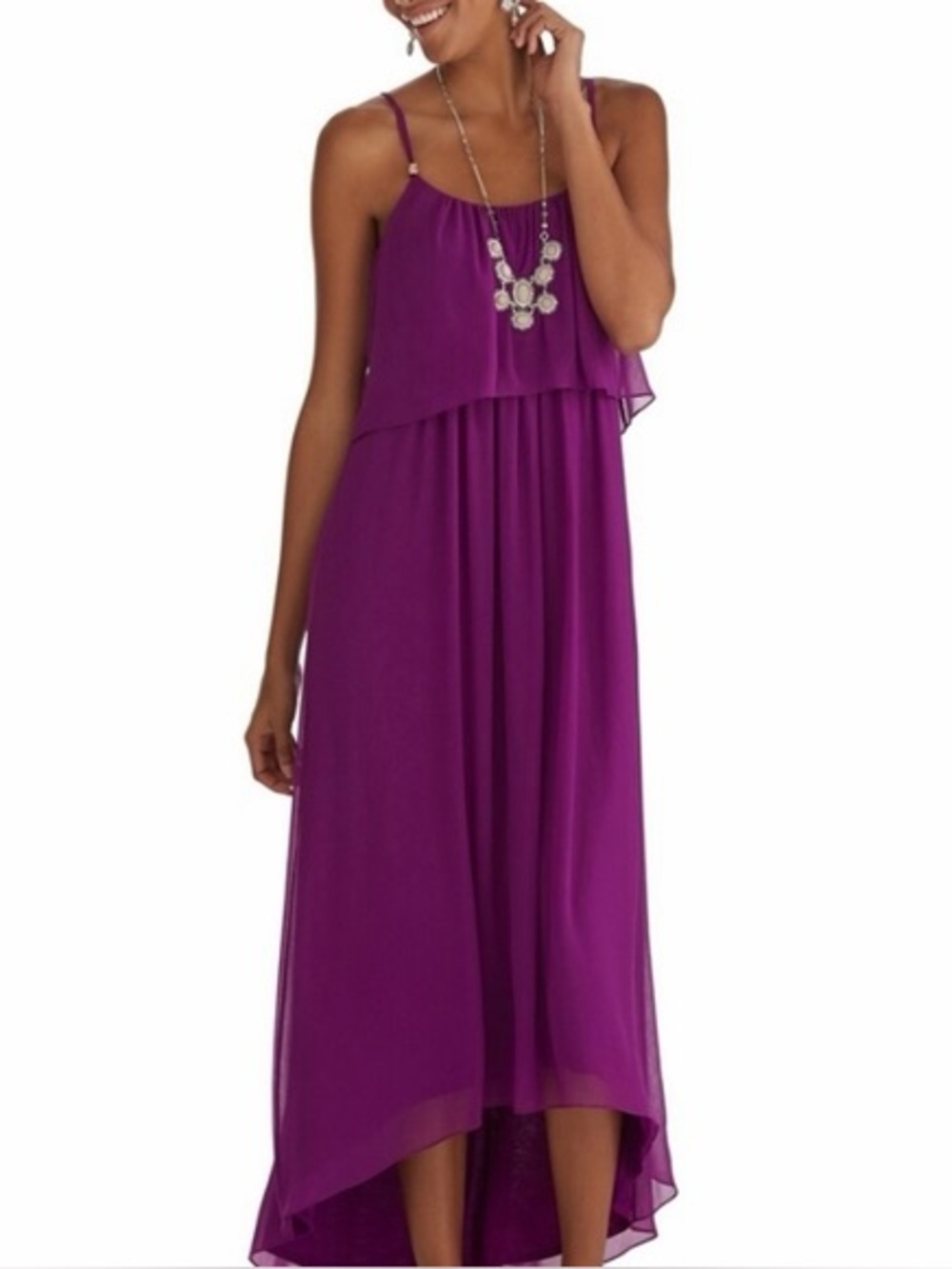 NWT WHITE HOUSE BLACK MARKET Magenta Ruffle Flounce Hi Lo Maxi Dress
